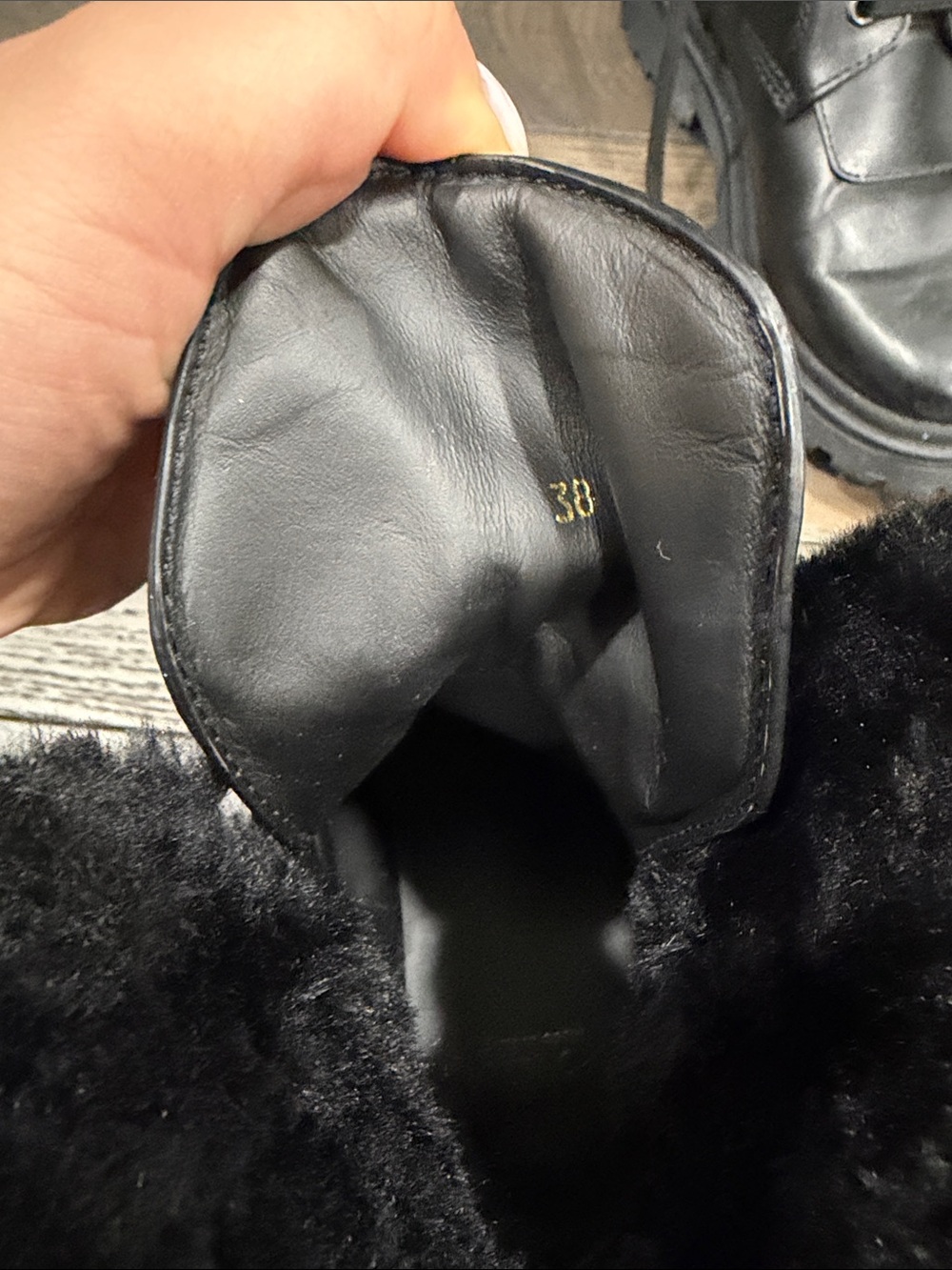 Moncler Black Leather Lace-Up Fur Collar Combat Boots - Picture 2 of 4